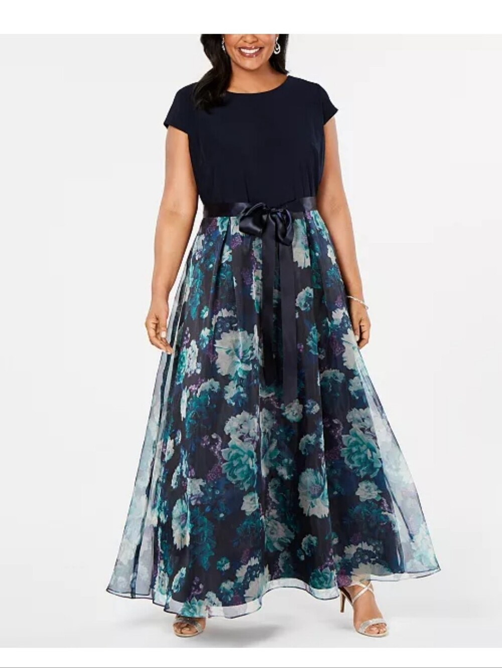 SLNY NWT 20W Navy Floral Chiffon Maxi Dress Plus Size $169 No Belt